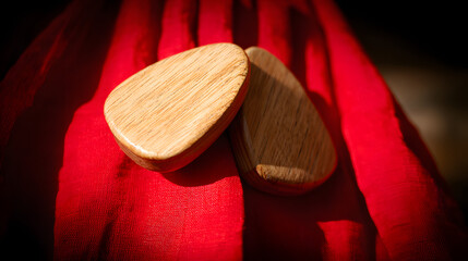 castanets. A pair of wooden castanets resting on the textured folds of a vibrant red Flamenco skirt. event programs, museum guides, designed for cultural heritage projects and event programs.