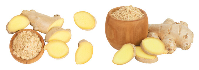fresh ginger and ground ginger in wooden bowl spice isolated on white background. Top view. Flat lay