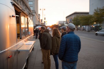Naklejka premium Crowd gathers at food truck, enjoying vibrant sunset and urban a