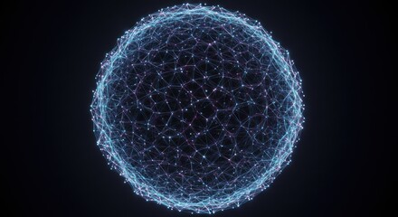 A glowing blue sphere with a network of interconnected lines and points on a black background