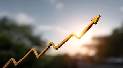 A golden upward trending graph representing financial growth and success set against a soft blurred natural background during golden hour
