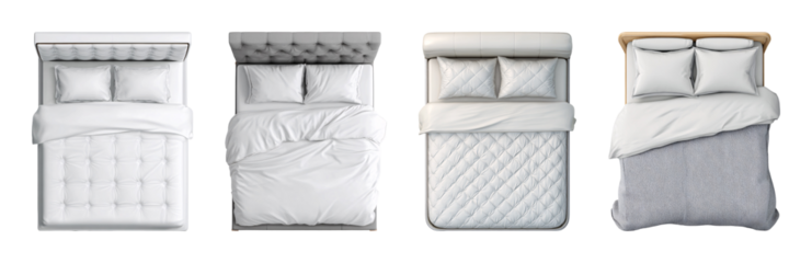 Modern luxury bed with white linen and pillows PNG set with isolated on transparent background