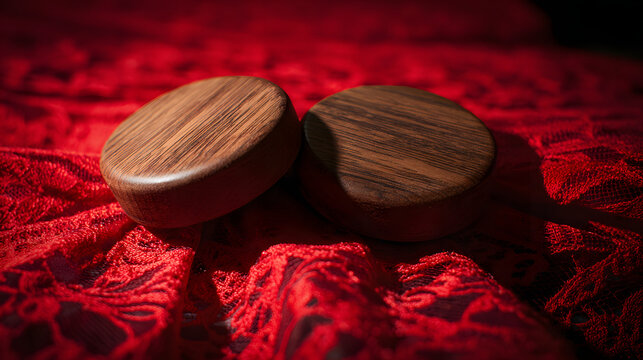 castanets. A pair of wooden castanets resting on the textured folds of a vibrant red Flamenco skirt. event programs, museum guides, designed for cultural heritage projects and event programs.