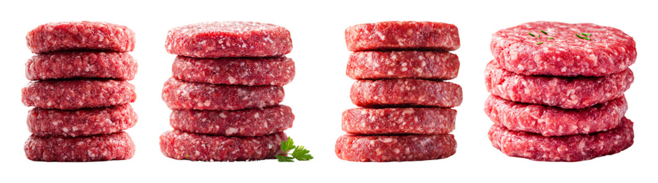 Raw beef burger patty stacks with fresh herb garnish PNG set with isolated on transparent background