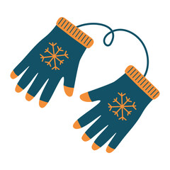 Knitted mittens.Warm knitted mittens.Cute blue gloves with snowflake patterns a for the winter season.Pair of woolen knitted gloves.Vector illustration.Warm accessories for cold weather.