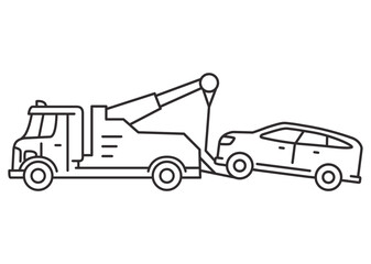 Tow truck icon.Towing truck van with car.City road assistance service evacuator.Car towing truck. Towing truck delivers the broken car. Outline vector illustration.Isolated on white background.