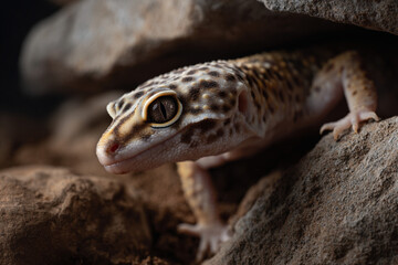 Rare leopard gecko exploring a textured habitat.
