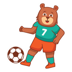 A bear football game. Score a goal.Draw paths for the ball. Cute animal.Soccer player.Isolated on white background.Character cartoon vector illustration.