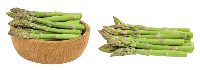 fresh asparagus in wooden bowl isolated on white background