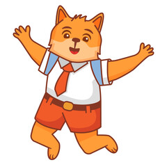 Cartoon dog going to school.A joyful cute dog jumping cub in a school uniform with bag .A dog schoolboy with books.Line art vector illustration.Isolated on white background.Dog reading a book.