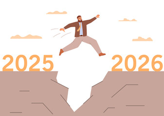 Businessman jumps from 2025 to 2026.Business bright future.Hope for 2026.