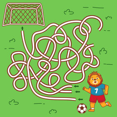 A lion maze football game. Score a goal. A game for children to develop logic.Maze or labyrinth game. Educational maze game for children.Soccer animal. Lion playing soccer ball.Soccer maze.
