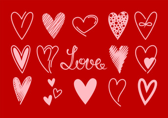Hand drawing hearts set with Love lettering. Valentines day vector illustration
