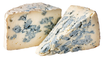 A delicious portion of gourmet Roquefort blue cheese with ripe mold, isolated as a tasty snack slice on a white background, represents a premium French dairy product made from milk