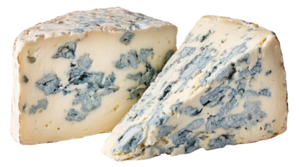 A delicious portion of gourmet Roquefort blue cheese with ripe mold, isolated as a tasty snack slice on a white background, represents a premium French dairy product made from milk