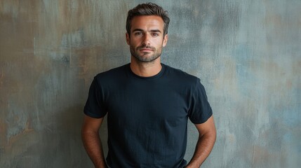 Obraz premium A man in a black shirt is standing in front of a wall. He is smiling and looking at the camera