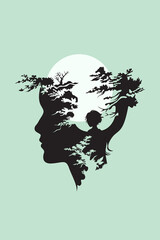 Surreal silhouette of woman's profile filled with intricate tree branches and moon behind,...