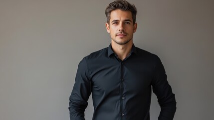 Fototapeta premium A man in a black shirt is standing in front of a gray wall. He is wearing a tie and has a serious expression on his face