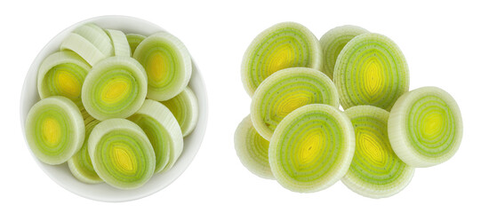 sliced Leek vegetable in ceramic bowl isolated on white background. Top view. Flat lay
