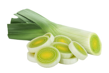 sliced Leek vegetable isolated on white background with full depth of field