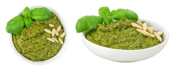 Pesto sauce in ceramic bowl isolated on white background. Top view. Flat lay.
