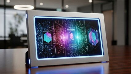 Futuristic Quantum Computing Device Displaying Intricate Circuitry and Glowing Hexagonal Processors.