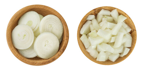 Onion slices in a wooden bowl isolated on a white background. Top view. Flat lay.