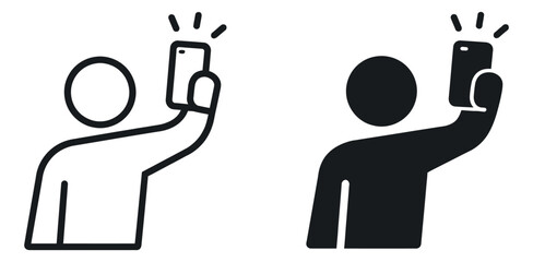 Line art and solid style person icon set featuring a person taking a selfie with a smartphone for modern digital communication