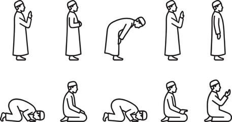 Set of shalat islamic prayer poses