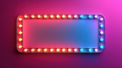 A neon sign with a red and blue background. The sign is lit up and has a glowing effect