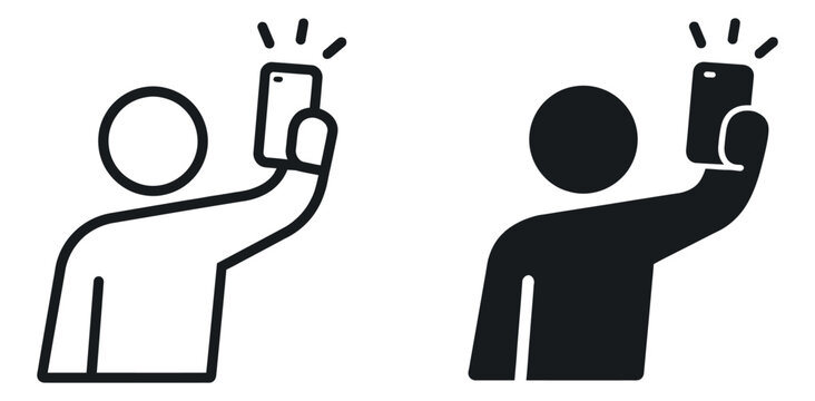 Line art and solid style person icon set featuring a person taking a selfie with a smartphone for modern digital communication