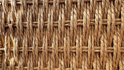 Textured basketry with natural fibers, Artisan woven material showcasing organic fiber textures and patterns, Coarse twisted rattan strands create rustic aesthetic ideal for bohemian interior accents