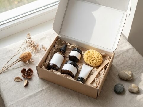 Open gift box with natural beauty skincare products inside