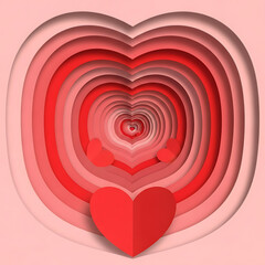 Concentric red and pink hearts creating a layered tunnel effect, symbolizing love and depth in a paper cut style.