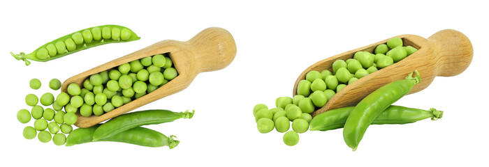 Fresh green peas in wooden scoop isolated on white background. Top view. Flat lay