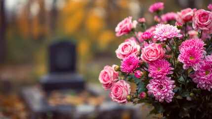 Obraz premium Pink roses and chrysanthemums arranged in a bouquet placed on a grave stone with autumn leaves in soft focus background representing remembrance and tribute