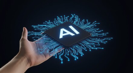 A hand holds a microchip with AI and blue circuits on a dark background