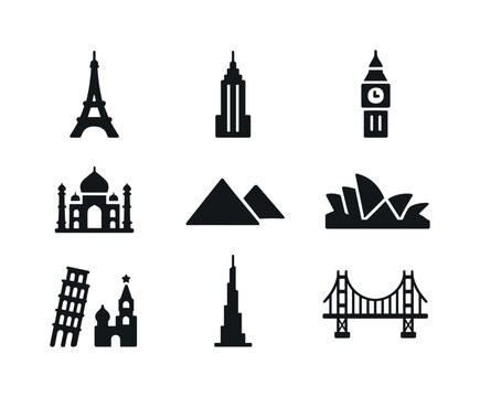 Famous Building Icons. Famous buildings. Solid icon set of famous buildings: Eiffel Tower, Empire State Building, Big Ben, Taj Mahal, Pyramids, Sydney Opera