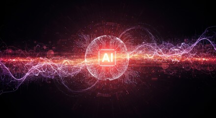 A vibrant digital illustration of a glowing red and purple waveform with a central AI logo