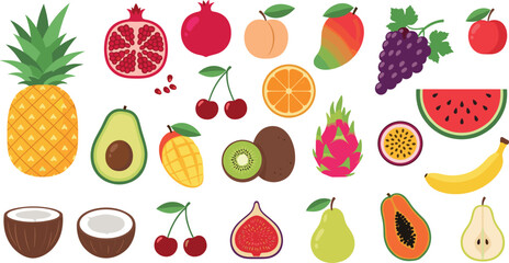 Fresh tropical and exotic fruits vector set with pineapple, watermelon, mango, banana and berries in colorful flat cartoon illustration style isolated on white background © MdNazmul