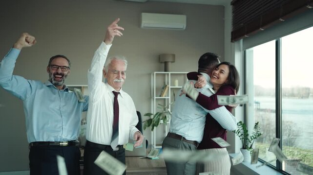 Group of Powerful Businessmen Throwing Money in the Air in Corporate Office