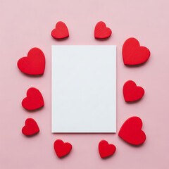 Blank white card surrounded by numerous red heart shapes on a soft pink background, symbolizing love and affection.