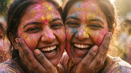 Cheerful Indian women friends celebrating Holi festival with colorful powder on smiling faces
