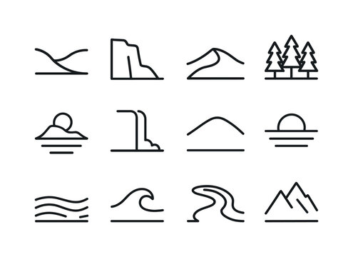 Nature Icons Collection. Graphic design trends nature inspired design example. Line icon set of landscape motifs: valley curve, cliff edge, desert dune, forest