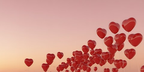 A cluster of shiny red heart shaped balloons floating against a pink and orange sunset sky