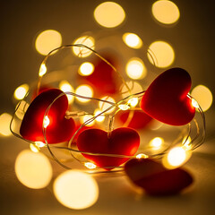 Red heart-shaped lights glowing warmly with blurred bokeh background, creating a romantic and festive atmosphere.