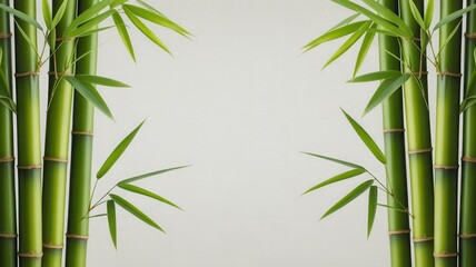 Fototapeta premium Vibrant green bamboo stalks and leaves framing a textured light background for copy space