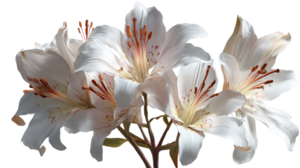 Beautiful closeup of a white lily of the valley bouquet blooming in a spring garden with green leaves and delicate petals isolated on a white background