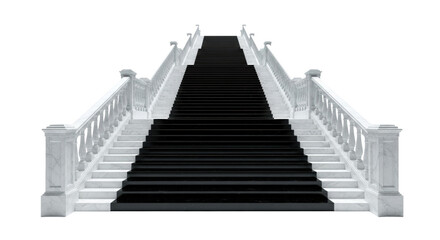 Fototapeta premium Monumental staircase of reflective white marble and black obsidian steps, perfectly centered on a transparent cyclorama under dramatic raking light, emphasizing scale and contrast. concept of striving