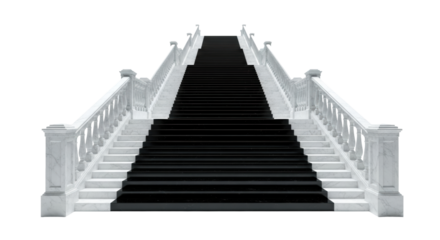 Monumental staircase of reflective white marble and black obsidian steps, perfectly centered on a transparent cyclorama under dramatic raking light, emphasizing scale and contrast. concept of striving